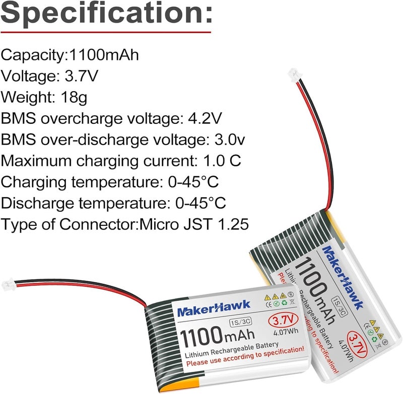 MakerHawk 3.7V 1100mAh LiPo Battery 102540 Rechargeable 1S Lithium Polymer Battery with Protection Board Insulated Rubber Tape, Micro JST 1.25 Plug for Arduino ESP32 Development Board (4 Pack) - Image 3